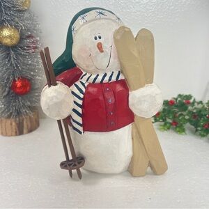 Vtg Eddie Walker Snowman Resin Figurine Holding Skis Signed 7” Tall Christmas